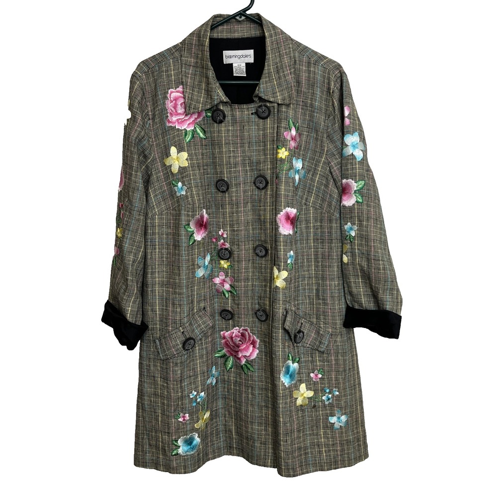 VTG Bloomingdale's 100% Linen Embroidered Floral Plaid Trench Coat Size 16W